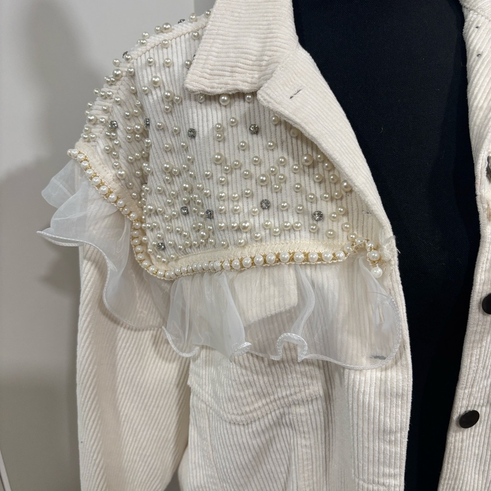 POL Cream Jean Jacket with Pearl Embellishments - Picture 4 of 8